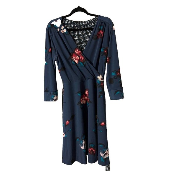 WHBM Dress M Medium Reversible 2 for 1 Blue Floral Stretch Career Church NEW - Picture 1 of 12